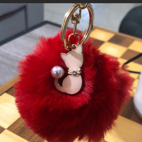 TT-Rabbit Faux Fur Ball Key Chain / Purse Accessory with Cat -Red - Picture 2 of 3